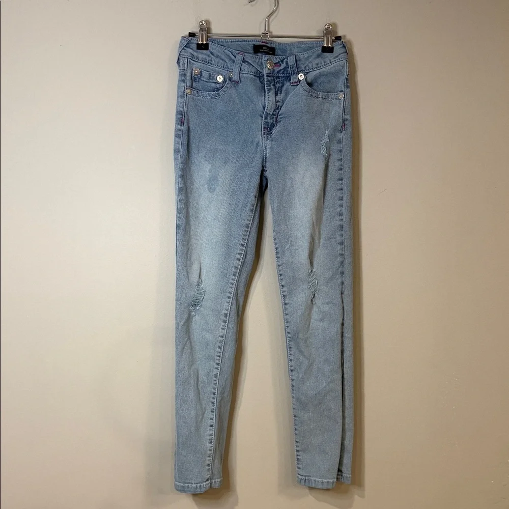True Religion girl’s Billie mid-rise straight leg jean light blue wash with pink